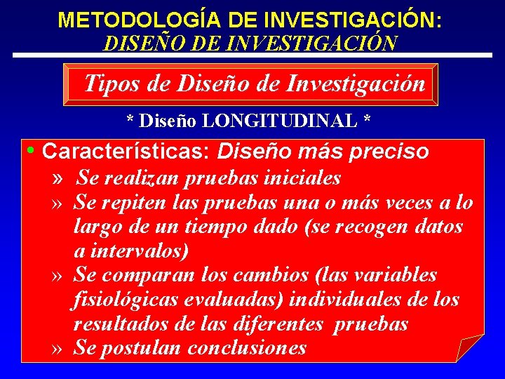 METODOLOGÍA DE INVESTIGACIÓN: DISEÑO DE INVESTIGACIÓN Tipos de Diseño de Investigación * Diseño LONGITUDINAL