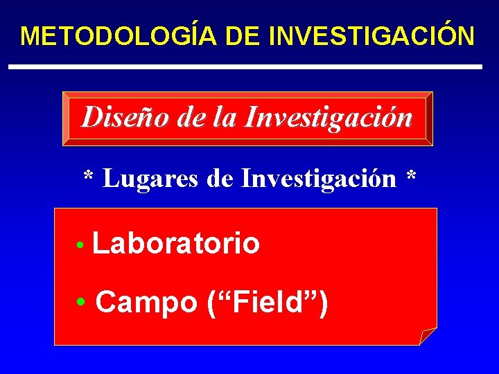 METODOLOGÍA DE INVESTIGACIÓN Diseño de la Investigación * Lugares de Investigación * • Laboratorio