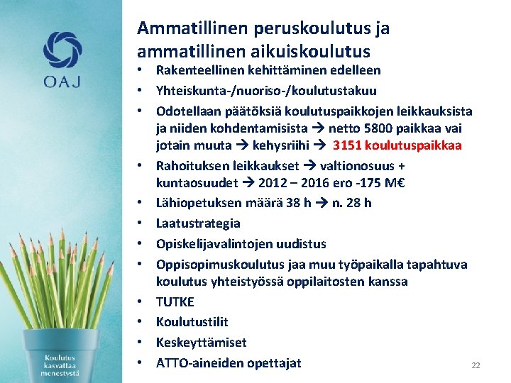 Ammatillinen peruskoulutus ja ammatillinen aikuiskoulutus • Rakenteellinen kehittäminen edelleen • Yhteiskunta-/nuoriso-/koulutustakuu • Odotellaan päätöksiä