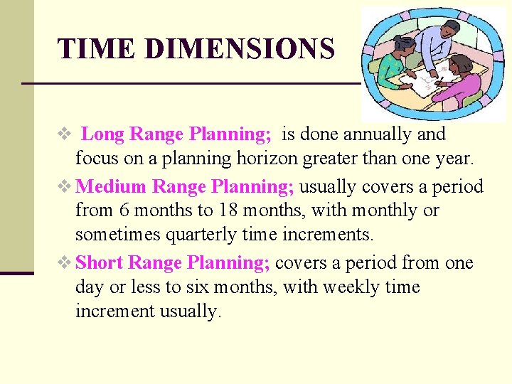 TIME DIMENSIONS v Long Range Planning; is done annually and focus on a planning