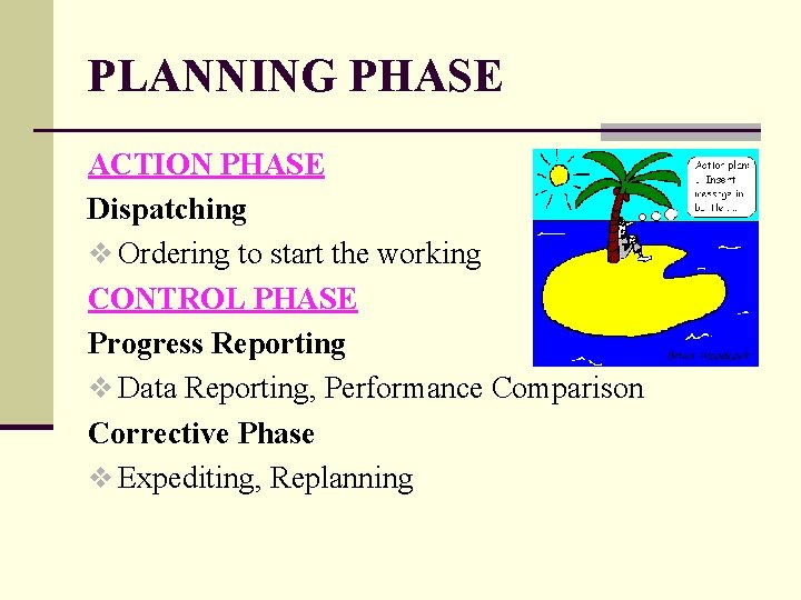 PLANNING PHASE ACTION PHASE Dispatching v Ordering to start the working CONTROL PHASE Progress