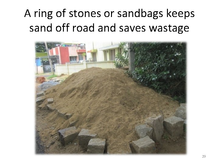 A ring of stones or sandbags keeps sand off road and saves wastage 29