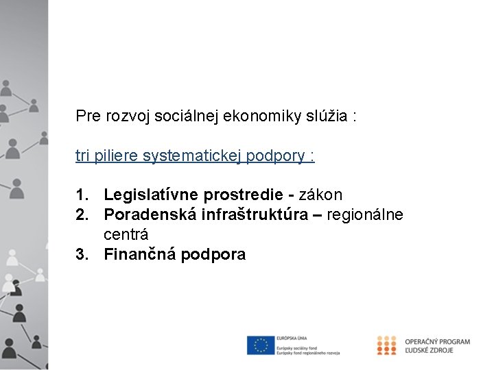 Pre rozvoj sociálnej ekonomiky slúžia : tri piliere systematickej podpory : 1. Legislatívne prostredie