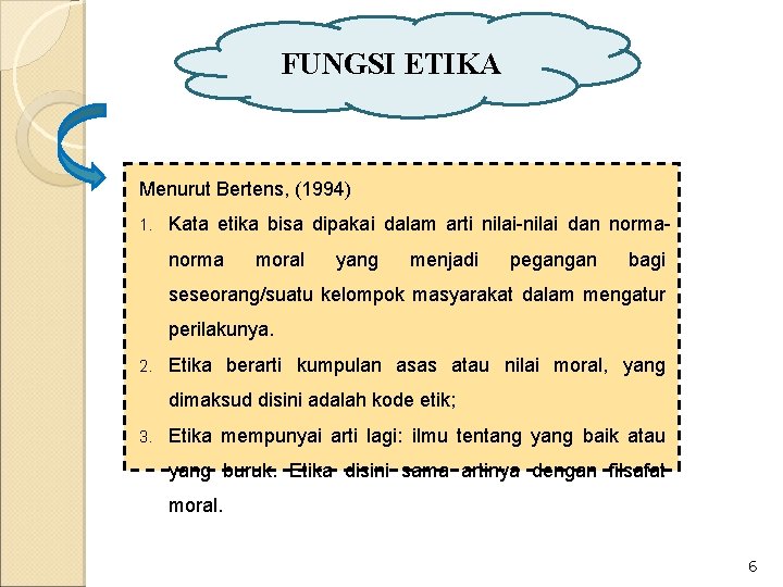 FUNGSI ETIKA Menurut Bertens, (1994) 1. Kata etika bisa dipakai dalam arti nilai-nilai dan