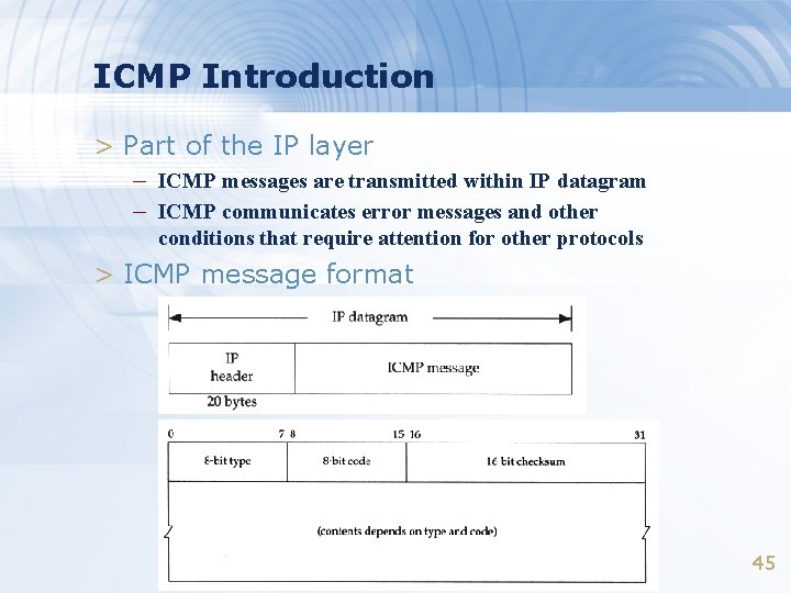 ICMP Introduction > Part of the IP layer – ICMP messages are transmitted within