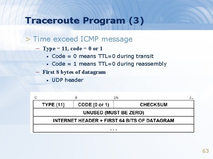 Traceroute Program (3) > Time exceed ICMP message – Type = 11, code =