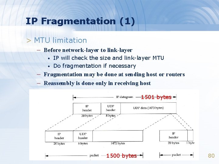 IP Fragmentation (1) > MTU limitation – Before network-layer to link-layer • • IP