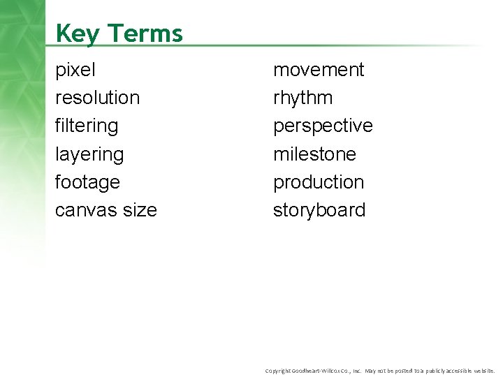 Key Terms pixel resolution filtering layering footage canvas size movement rhythm perspective milestone production