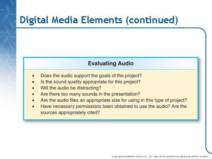 Digital Media Elements (continued) Copyright Goodheart-Willcox Co. , Inc. May not be posted to