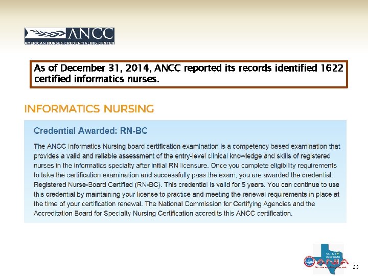 As of December 31, 2014, ANCC reported its records identified 1622 certified informatics nurses.