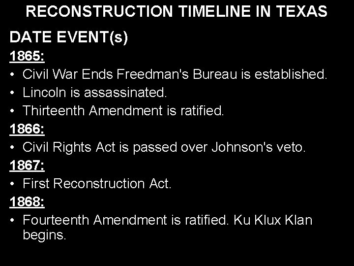 RECONSTRUCTION TIMELINE IN TEXAS DATE EVENT(s) 1865: • Civil War Ends Freedman's Bureau is