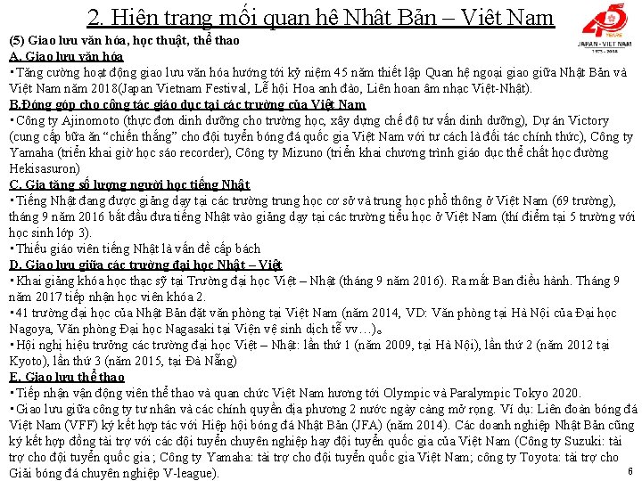 2. Hiện trạng mối quan hệ Nhật Bản – Việt Nam (5) Giao lưu
