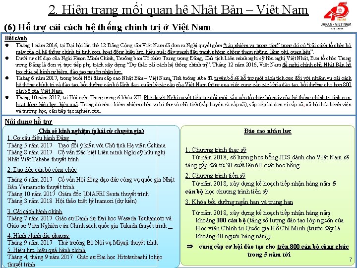 2. Hiện trạng mối quan hệ Nhật Bản – Việt Nam (6) Hỗ trợ