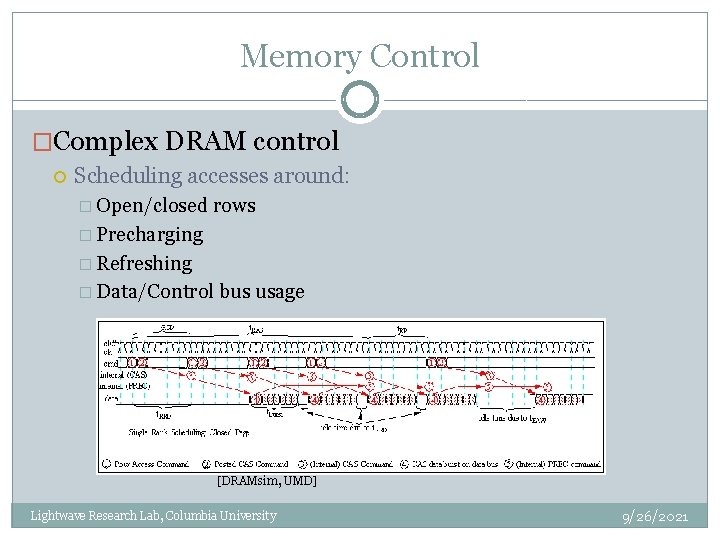 Memory Control �Complex DRAM control Scheduling accesses around: � Open/closed rows � Precharging �