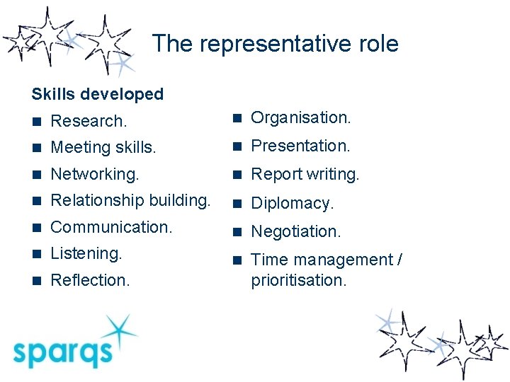 The representative role Skills developed n Research. n Organisation. n Meeting skills. n Presentation.