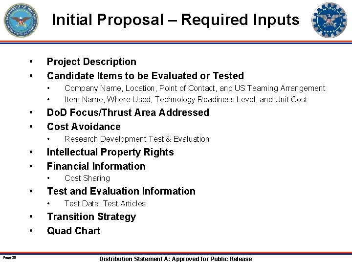 Initial Proposal – Required Inputs • • Project Description Candidate Items to be Evaluated