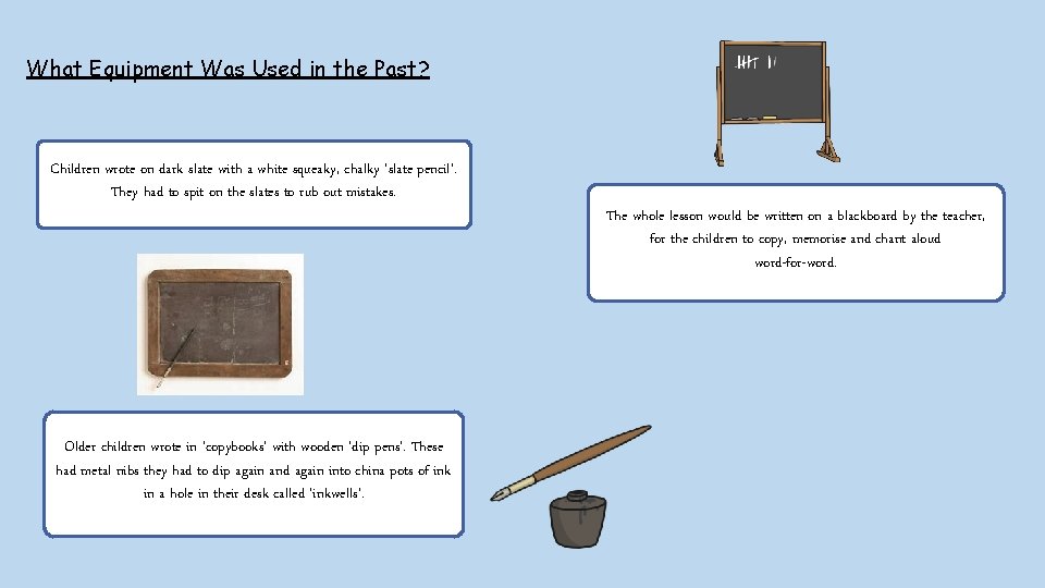 What Equipment Was Used in the Past? Children wrote on dark slate with a