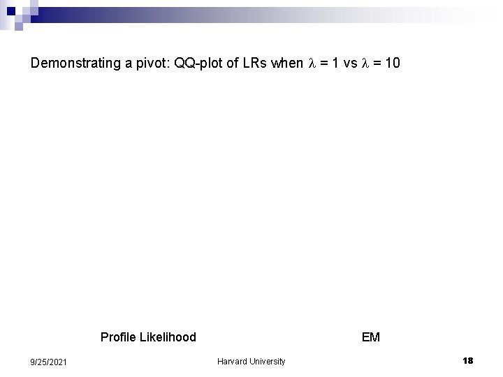 Demonstrating a pivot: QQ-plot of LRs when = 1 vs = 10 Profile Likelihood