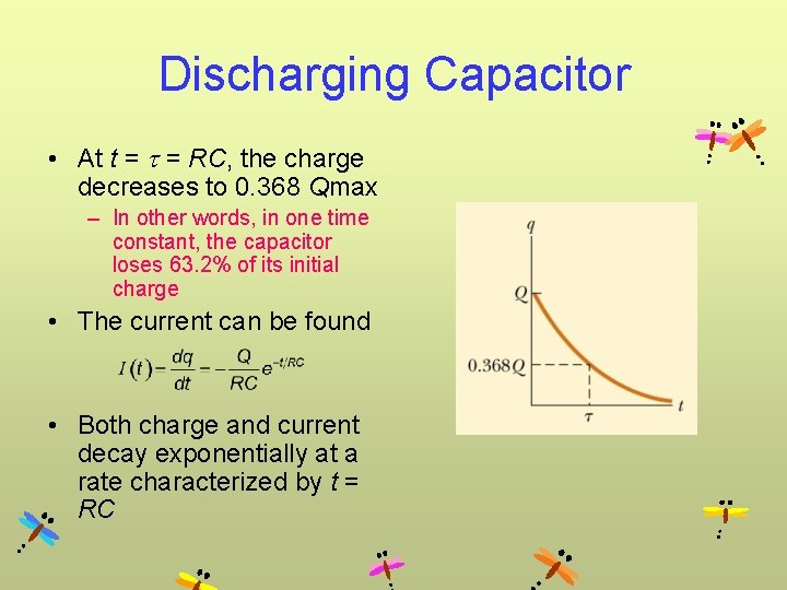 Discharging Capacitor • At t = = RC, the charge decreases to 0. 368 Discharging Capacitor • At t = = RC, the charge decreases to 0. 368