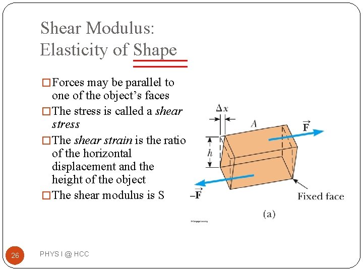 Shear Modulus: Elasticity of Shape � Forces may be parallel to one of the Shear Modulus: Elasticity of Shape � Forces may be parallel to one of the