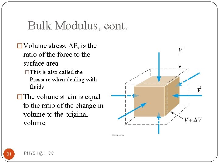 Bulk Modulus, cont. � Volume stress, ΔP, is the ratio of the force to Bulk Modulus, cont. � Volume stress, ΔP, is the ratio of the force to