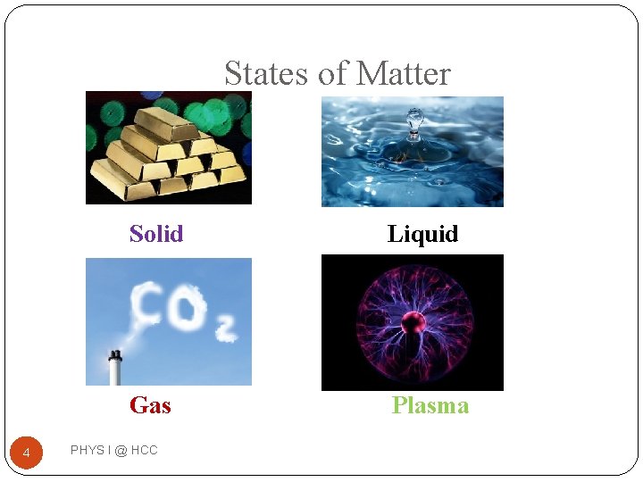 States of Matter 4 Solid Liquid Gas Plasma PHYS I @ HCC States of Matter 4 Solid Liquid Gas Plasma PHYS I @ HCC