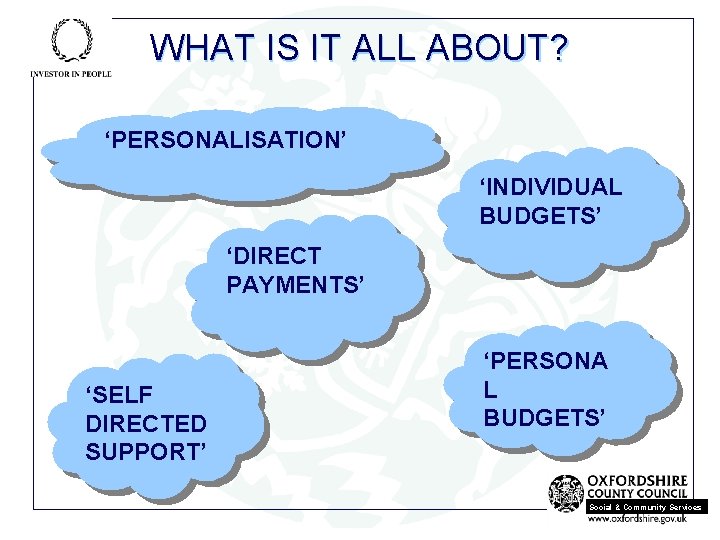 WHAT IS IT ALL ABOUT? ‘PERSONALISATION’ ‘INDIVIDUAL BUDGETS’ ‘DIRECT PAYMENTS’ ‘SELF DIRECTED SUPPORT’ ‘PERSONA