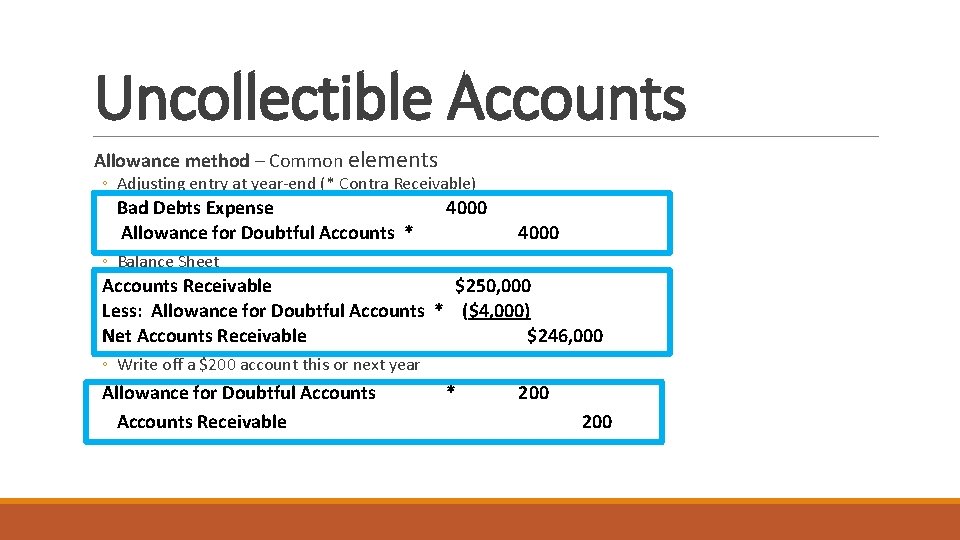 Uncollectible Accounts Allowance method – Common elements ◦ Adjusting entry at year-end (* Contra