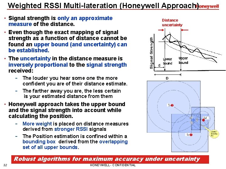 Weighted RSSI Multi-lateration (Honeywell Approach) • Signal strength is only an approximate measure of