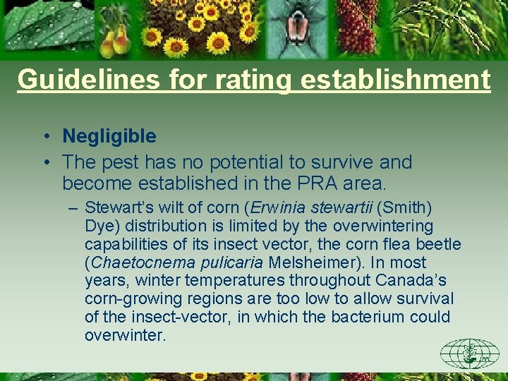 Guidelines for rating establishment • Negligible • The pest has no potential to survive