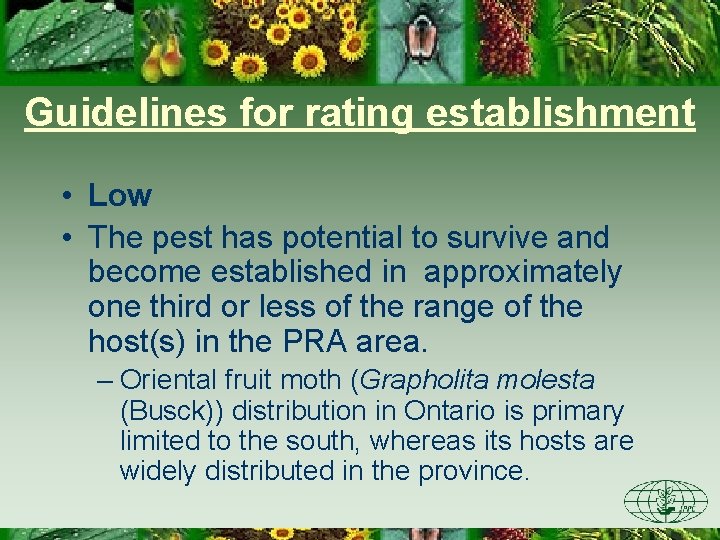 Guidelines for rating establishment • Low • The pest has potential to survive and