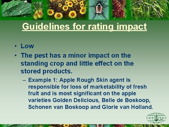 Guidelines for rating impact • Low • The pest has a minor impact on