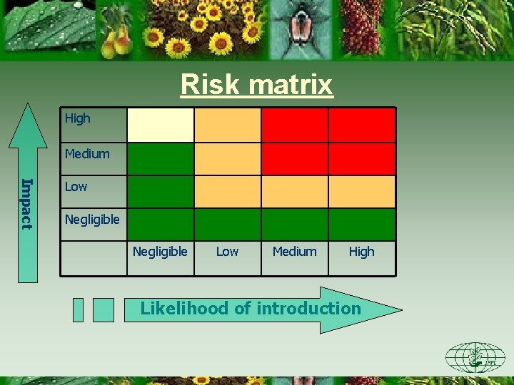 Risk matrix High Medium Impact Low Negligible Low Medium High Likelihood of introduction 