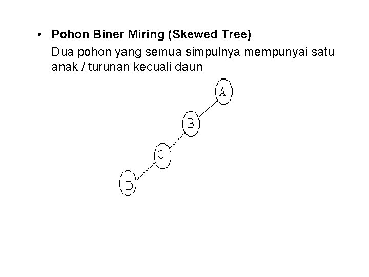  • Pohon Biner Miring (Skewed Tree) Dua pohon yang semua simpulnya mempunyai satu