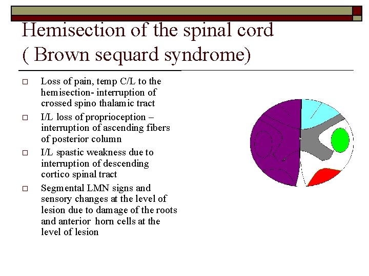 Hemisection of the spinal cord ( Brown sequard syndrome) o o Loss of pain,