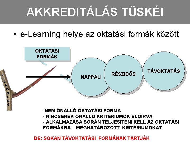 AKKREDITÁLÁS TÜSKÉI • e-Learning helye az oktatási formák között OKTATÁSI FORMÁK e L E