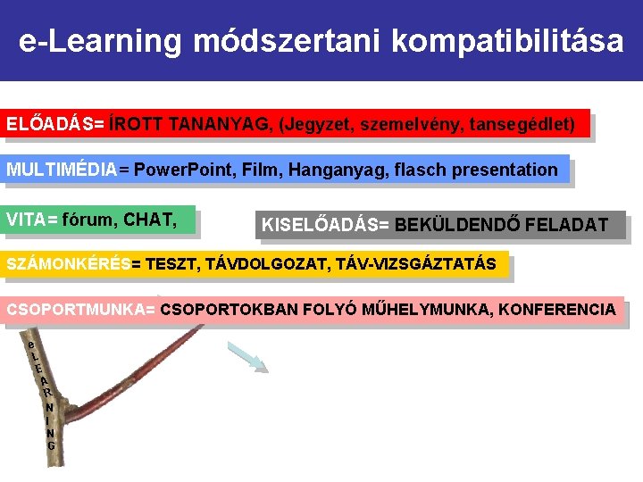 e-Learning módszertani kompatibilitása ELŐADÁS= ÍROTT TANANYAG, (Jegyzet, szemelvény, tansegédlet) MULTIMÉDIA= Power. Point, Film, Hanganyag,