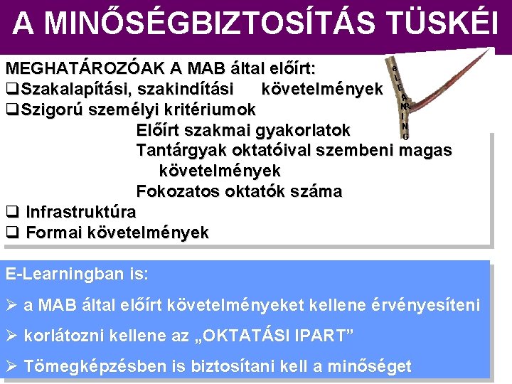 A MINŐSÉGBIZTOSÍTÁS TÜSKÉI e MEGHATÁROZÓAK A MAB által előírt: L q. Szakalapítási, szakindítási követelmények