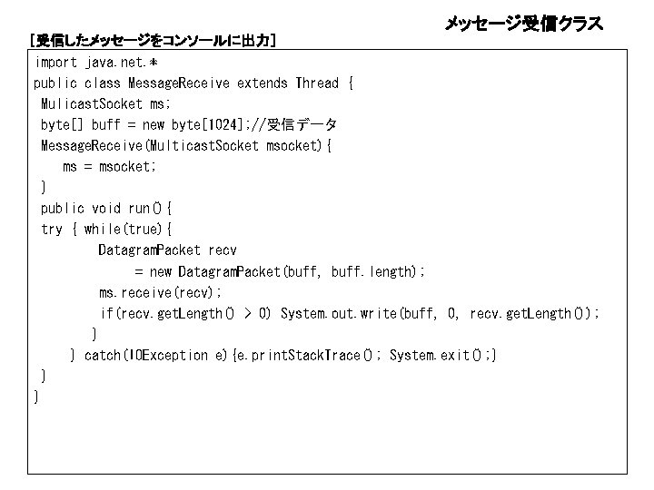 メッセージ受信クラス ［受信したメッセージをコンソールに出力］ import java. net. * public class Message. Receive extends Thread { Mulicast.