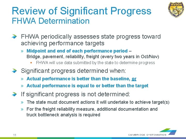 Review of Significant Progress FHWA Determination FHWA periodically assesses state progress toward achieving performance