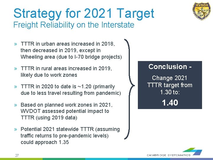 Strategy for 2021 Target Freight Reliability on the Interstate » TTTR in urban areas