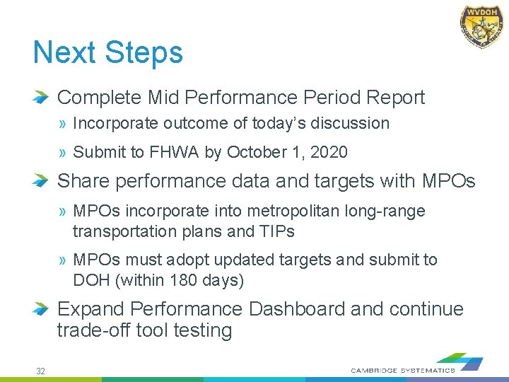 Next Steps Complete Mid Performance Period Report » Incorporate outcome of today’s discussion »