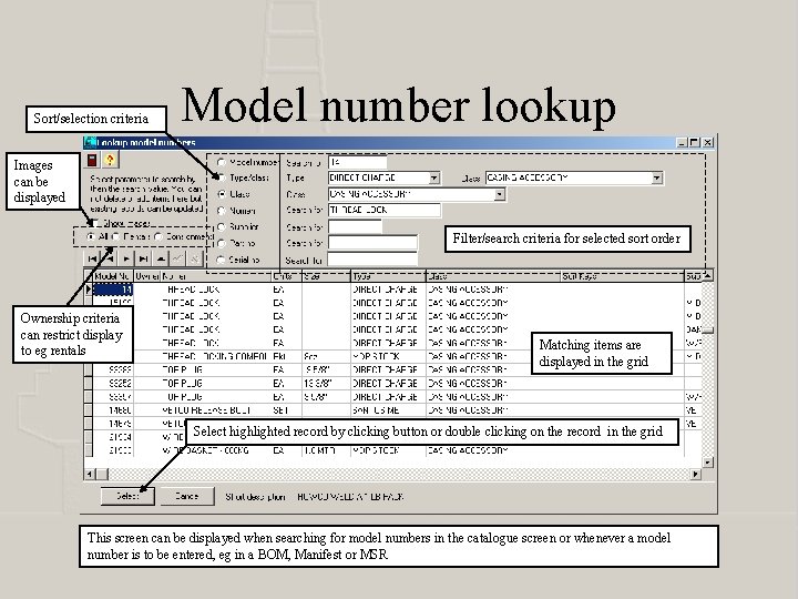 Sort/selection criteria Model number lookup Images can be displayed Filter/search criteria for selected sort