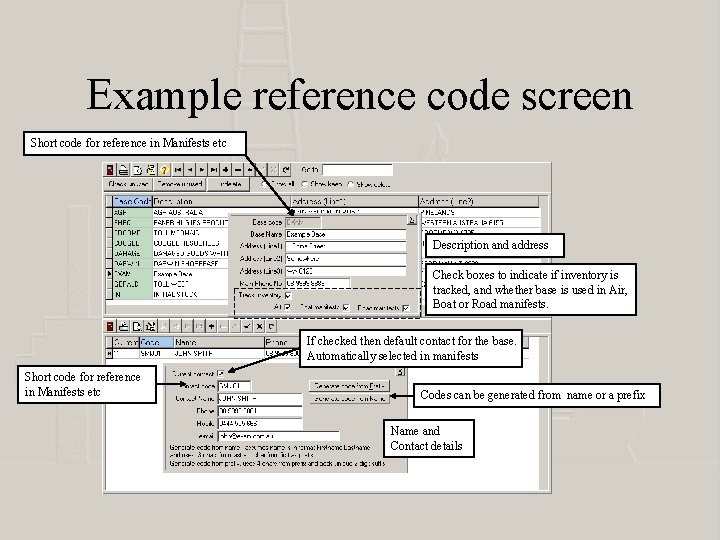 Example reference code screen Short code for reference in Manifests etc Description and address