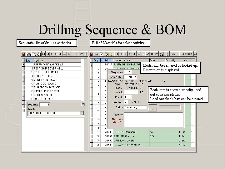 Drilling Sequence & BOM Sequential list of drilling activities Bill of Materials for select