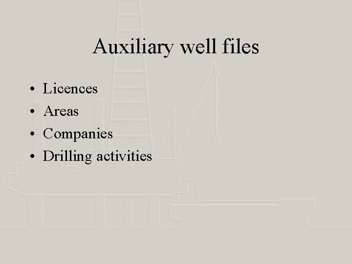 Auxiliary well files • • Licences Areas Companies Drilling activities 