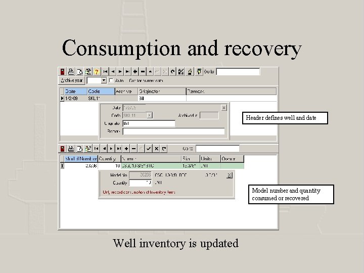 Consumption and recovery Header defines well and date Model number and quantity consumed or