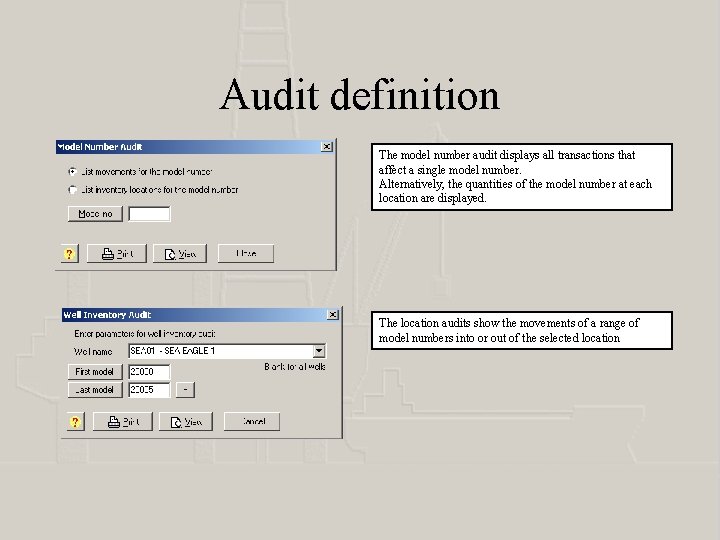 Audit definition The model number audit displays all transactions that affect a single model