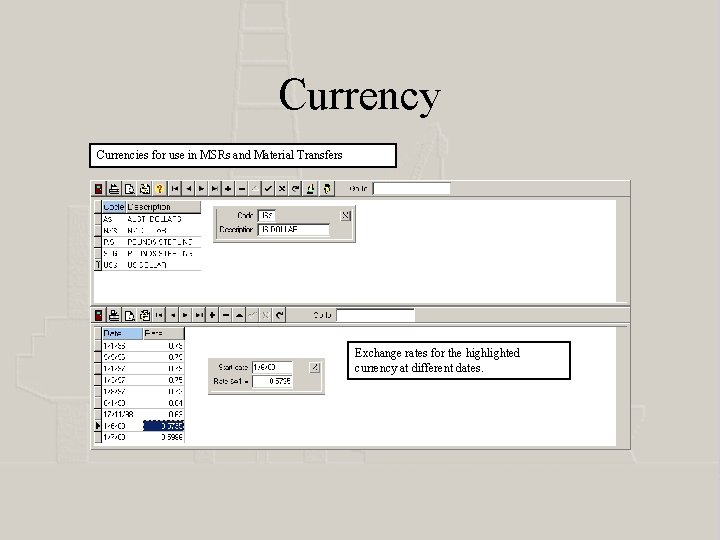 Currency Currencies for use in MSRs and Material Transfers Exchange rates for the highlighted