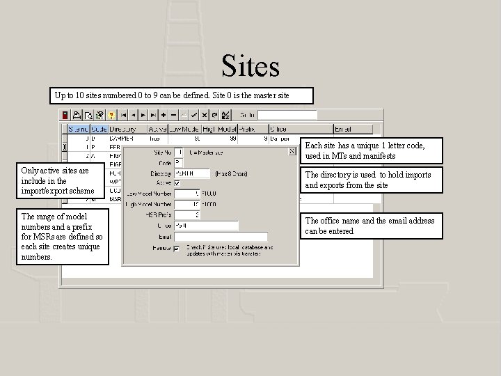 Sites Up to 10 sites numbered 0 to 9 can be defined. Site 0